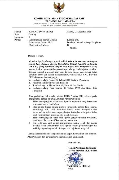 Surat edaran KPID Provinsi DKI Jakarta yang meminta stasiun TV dan radio menahan liputan demonstrasi